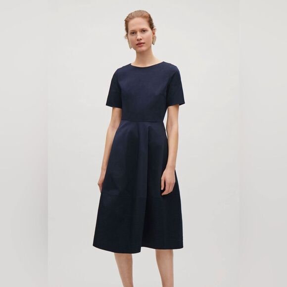 Cos Navy Blue Fit And Flare Dress With Side Pockets Size 34 - Picture 1 of 9